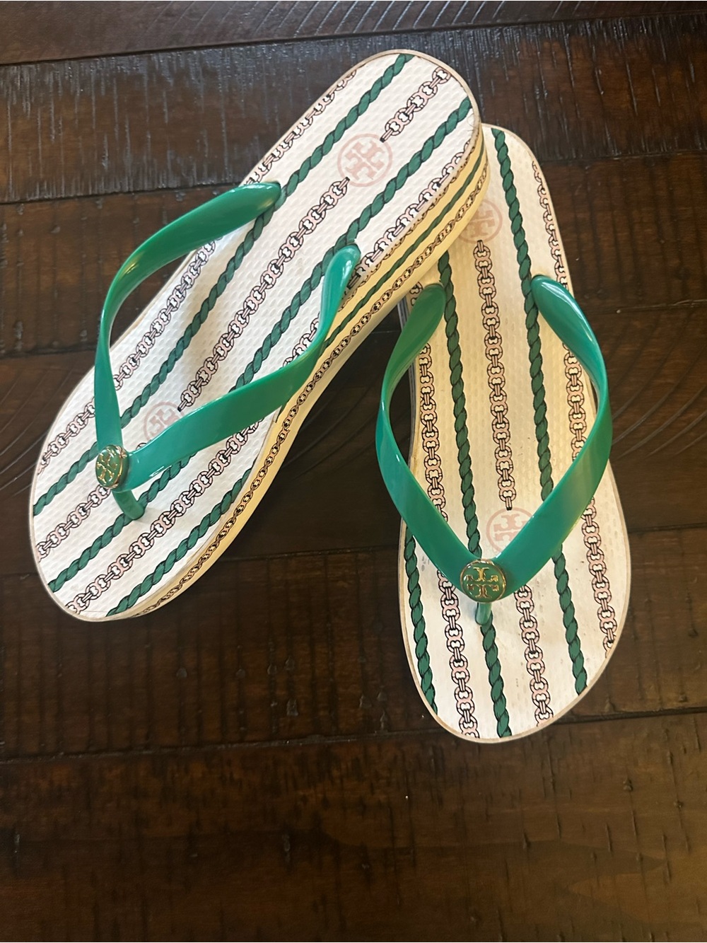 Tory Burch Green Logo Strap Patterned Footbed Sandals